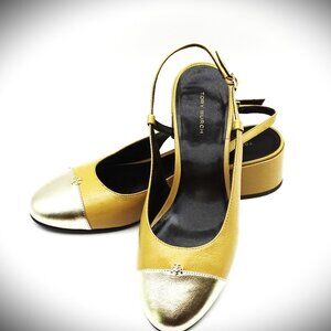 TORY BURCH NWOT Cap-Toe Metallic/Tan Slingback Pump in Black Size 8M